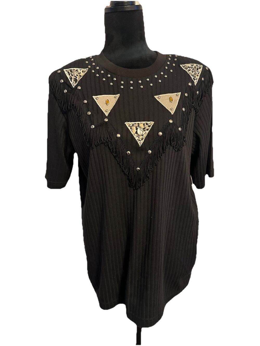 Vtg Western Black Tee Shirt Fringe Studs Conchos Western Cowgirl Women’s Medium